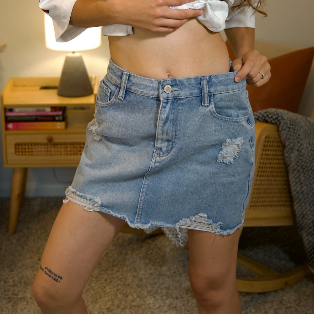 Distressed Denim Skirt with Pockets